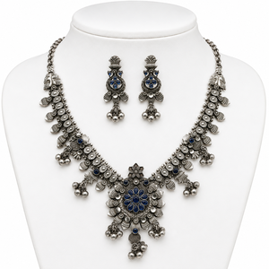 Oxidized Silver Lovers Bohemian Jewelry Set Bezel Setting Rhodium Plated Necklace Earring Zircon Women's Anniversary <b>Gift</b> - Product Image 1