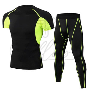 Men <b>Compression</b> Set Black With Purple Contrast Stitch Crew Neck <b>Short</b> Sleeve Full Length Sweat Wicking Yoga Wear 2 Piece - Product Image 2