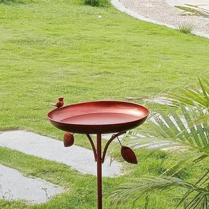 Bain d'oiseaux moderne en cuivre antique avec piédestal, mangeoire décorative pour jardin extérieur avec feuille décorative et piquet de fixation au sol - Product Image 5