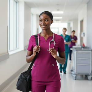 ชุดยูนิฟอร์มแพทย์ผู้หญิง MITEXCO รุ่นพรีเมียม สีม่วงแดง คอวี เสื้อแขนสั้นทันสมัย และกางเกงคาร์โก้ สำหรับโรงพยาบาล - Product Image 4