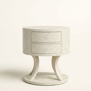 Artisan Mother of Pearl <b>White</b> <b>Round</b> <b>Bedside</b> <b>Table</b> with Double Drawers Floral Inlay Luxury Bedroom Furniture <b>Round</b> Nightstand - Product Image 1