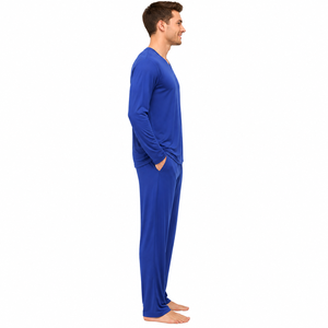 Fasmic International Men's Blue Short Sleeve <b>Pajama</b> Set 100% Cotton Knitted Solid Color Casual Sleepwear Pockets - Product Image 2