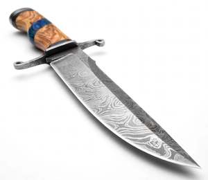 Herramienta Utilitaria para Exteriores de Acero de Damasco con Mango de Madera de Olivo y Resina Azul - Product Image 3