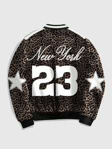 Men Cotton Fleece Bomber <b>Jacket</b> Leopard Print Varsity <b>Jacket</b> <b>Star</b> Patch Zip Up Streetwear Outerwear for Casual Winter Wear - Product Image 4