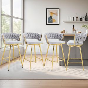 Set di 4 Sgabelli da Bar Girevoli con Cuscini in Lino Traspirante Beige e Gambe in Metallo Dorato per Comfort ed Eleganza - Product Image 2