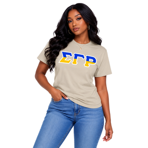 Camiseta Neutral Sigma Gamma Rho, Azul y Dorado, con Estampado de Letras Griegas, Manga Corta, Cuello Redondo, Ropa de Hermandad Griega, Estilo Clásico Informal - Product Image 1