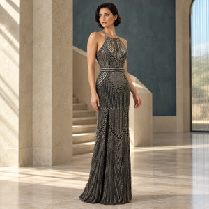 Charcoal Silver Beaded Halter Evening Gown | Geometric <b>Art</b> <b>Deco</b> Embellished Sleeveless Floor Length Formal <b>Dress</b> Fitted Column - Product Image 3