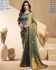 Royal Women's Tissue Organza <b>Silk</b> Saree With Embroidery Work For Wedding Occasion Regular Fit Floor Length Traditional Style - Product Image 4
