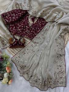 Sari indien Bollywood blanc de luxe en organza, tendance, pour femme, idéal pour les fêtes, dernière collection exclusive, export. - Product Image 2