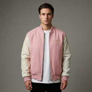 Chaqueta de lana rosa para hombre con mangas color crema, cuello y puños de punto acanalado, cremallera frontal completa, ropa de calle casual premium, prenda exterior personalizada de dos tonos. - Product Image 1
