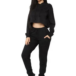 Sweat à capuche court noir et pantalon de jogging assorti, couleur unie, en molleton bouclette, coupe oversize décontractée, tenue d'automne unisexe, coupe classique - Product Image 1