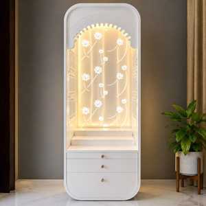 หิ้งบูชาไม้สีขาวสไตล์โมเดิร์น พร้อมไฟ LED ดีไซน์ดอกบัว ลิ้นชักเก็บของสุดหรู ทำจากไม้เนื้อแข็ง เหมาะสำหรับประกอบพิธีกรรมทางศาสนาในเทศกาลวิวาลี - Product Image 1