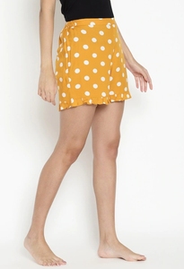 Women's Yellow Polka Dot Knitted Cotton Shorts With Ruffles <b>Elastic</b> Waist Mid Rise Casual Regular Fit - Product Image 4