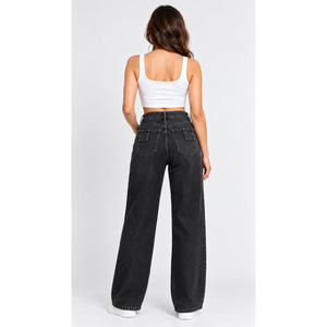 Jean en denim décontracté à taille haute pour femme avec poches plaquées, noir délavé - Product Image 3