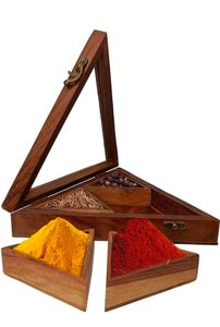 Moulin à épices et noix en bois écoresponsable fait main, style Masala Dabba indien, avec compartiments, résistant à la poussière et aux rayures, compatible lave-vaisselle - Product Image 4