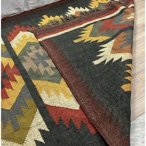 Tapis géométrique Kilim fait main en laine et acrylique, tissage plat, rectangulaire, pour salon, avec franges, motif multicolore - Product Image 6