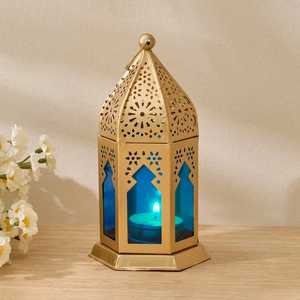 Hand Crafted Gold Lantern Pair Hexagonal Shape Transparent Glass Panel Intricate Filigree Metalwork Domed <b>Top</b> Candle Ambient - Product Image 6