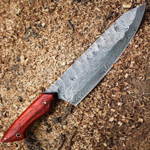 Cuchillo de Chef con Patrón Damasco Plateado y Mango de Madera Marrón Rojizo, Hoja Ancha y Afilada para Cocinar Carne y Verduras - Product Image 1