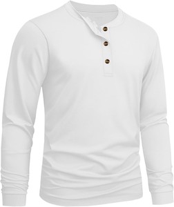 Nouveau T-shirt Henley blanc à manches longues pour homme, 100 % coton, coupe classique, couleur unie, tricoté, col rond, vente en gros OEM ODM - Product Image 1