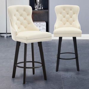 Modern Velvet Bar Stools with Swivel Design Button Tufted and Rivet Trim for Kitchen Island or Bistro Metal - Product Image 1