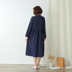 Women's Casual <b>Boho</b> Cotton Maxi <b>Dress</b> Solid Color <b>Long</b> Sleeve Chinese Style Stand Collar Pleated <b>Dress</b> - Product Image 2