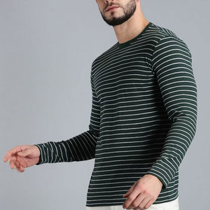 Camiseta de Punto a Rayas de Manga Larga para Hombre, Cuello Redondo, Corte Regular Informal, Patrón Verde y Blanco - Product Image 2