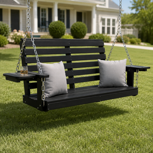 Banc balançoire de véranda en bois noir avec chaînes, chaise suspendue d'extérieur avec plateaux latéraux et coussins pour mobilier de patio et de jardin - Product Image 5
