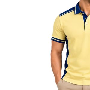 Polo Premium Amarillo y Azul Marino para Hombre con Franja de Contraste en el Hombro y Detalle Lateral Bordado con Logotipo Personalizado para Golf - Product Image 3
