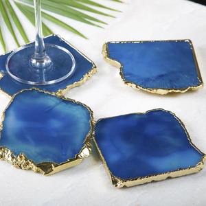 Juego de Posavasos de Ágata Azul de Lujo con Borde Dorado, Posavasos de Piedra Natural para Mesa, Bar, Decoración del Hogar, Juego de Regalo - Product Image 1