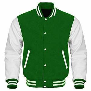Chaqueta de Béisbol Varsity Personalizada con Cuello Alto de Lona Verde Lisa para Hombre con Mangas Blancas - Product Image 1