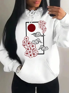 Sudaderas con Capucha para Mujer, Nueva Calidad, Estilo Harajuku Japonés, Estampado de Flores de Cerezo al Atardecer, Sudadera Holgada con Bolsillos para Otoño, Ropa Casual - Product Image 2