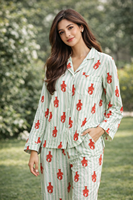 Ensemble de vêtements de nuit en coton à imprimé crabe et rayures, chemise à manches courtes et pyjama long pour femmes, vêtements de détente d'été, costume de pyjama haut de gamme