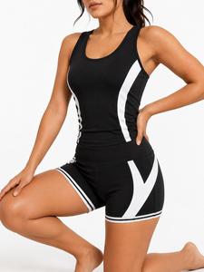 Ensemble de yoga 2 pièces pour femme : débardeur dos nageur à col rond et short taille haute, color block, rayures contrastées, séchage rapide, sans coutures, sport - Product Image 2