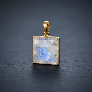 Collier pendentif carré en pierres précieuses HA, plaqué or, fait main, style bohème, cadeau de mariage pour elle, pierre de lune arc-en-ciel naturelle - Product Image 3