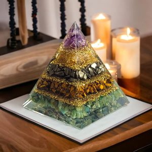 Pyramide d'orgonite multi-cristaux naturels, faite à la main, polie, décoration spirituelle pour la maison, améthyste, tourmaline noire, œil de tigre, vert - Product Image 1
