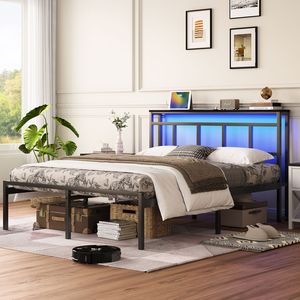 Base letto matrimoniale da 14 pollici con luce LED e USB-C, testiera in metallo nera con contenitore - Product Image 1