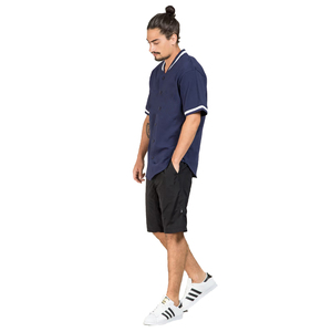 Men's Navy Blue Baseball Collar Short Sleeve Shirt With Button Closure And Pockets Regular Fit Summer Wear - Product Image 1