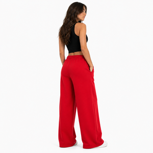 Pantalon de survêtement en molleton rouge pour femme, coupe large, taille haute, couleur unie, décontracté, longueur intégrale, avec poches et taille élastique - Product Image 3