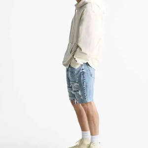 Shorts en jean déchiré slim fit pour homme, taille à cordon, style décontracté en coton, noir - Product Image 2
