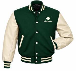 Veste universitaire pour homme SINEWY, vert crème, manches en cuir PU, boutons sur le devant, couleur unie, col rabattu, vêtement d'automne - Product Image 1