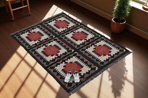 Tapis géométrique Kilim fait main, écologique, tufté à la main, rectangulaire, en laine et acrylique, pour salon, à poils moyens, en latex - Product Image 5