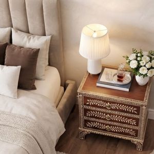 <b>Black</b> Bone Inlay Modern Bedside Nightstand 2 Drawer Floral Carved Bedroom Accent <b>Side</b> <b>Cabinet</b> - Product Image 3