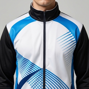 Conjunto Deportivo para Hombre, Personalizado, Blanco, Azul y Negro, Chaqueta Deportiva con Cremallera Completa y Pantalones de Pierna Recta, Estampado de Líneas Onduladas, Ropa Deportiva para Equipo - Product Image 5