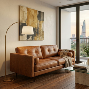 Elegant Mid Century Modern Leather Loveseat with <b>Deep</b> Button Tufted Back for Contemporary Living Room Furniture Design - Product Image 1