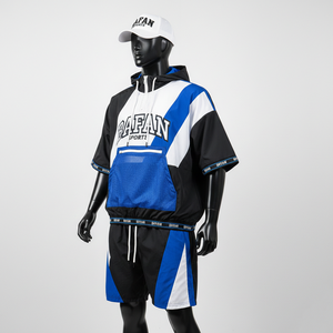 Conjunto corto cortavientos para hombre, tela de poliéster suave a prueba de viento, secado rápido, paneles en bloques de color negro, azul y blanco, estampado con logotipo, talla grande - Product Image 4