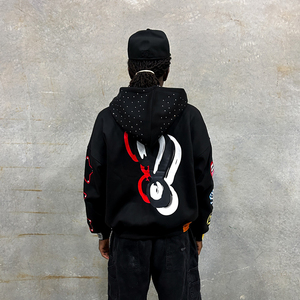 Sweat à capuche homme Y2K personnalisé, style streetwear, imprimé en relief, strass sur le capuche, effet vieilli vintage, 500 GSM, fermeture éclair, noir, coupe oversize - Product Image 3