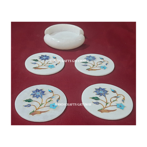 Most Beautiful High Quality <b>White</b> Marble Florals Inlay Design Work Coaster Set Use For Keep On Glass And Use For Home Kitchen - Product Image 3