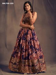 Gorgeous Looking Organza with Floral Print-<b>Sequins</b> & Zari Embroidered <b>Flared</b> Purple Lehenga-Choli Set Indian Supplier - Product Image 4