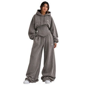 Taupe <b>Grey</b> <b>Women's</b> Sculpt Fit Waist Oversized Corset Hoodies Custom Embroidery <b>Tracksuit</b> Winter Cotton Fleece WideLeg Sweatpants - Product Image 2
