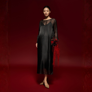 Robe élégante en organza transparente de luxe à manches classiques, col rond en soie, coupe droite ample, pour l'été, décontractée ou formelle, pour femme enceinte, ODM - Product Image 1